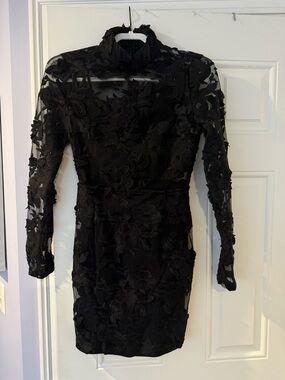 Black Floral Appliqué Long Sleeve Mini Dress